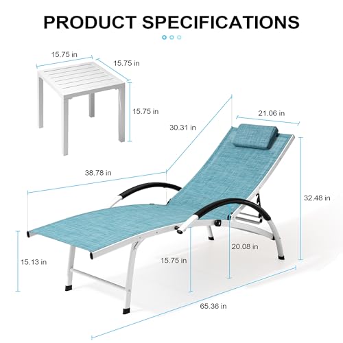 Crestlive Products 2PCS Aluminum Chaise Lounge Chairs Outdoor with 1PC Side Table, Adjustable Five Positions Recliner for Beach Patio Pool Sunbathing Lawn, Yard