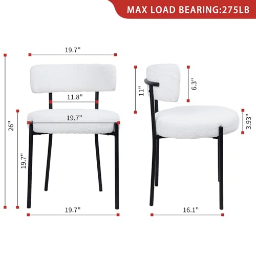 CLATINA White Boucle Dining Room Chairs, Dining Chairs Set of 1, Mid-Century Modern Kitchen Chair Curved Backrest Round Upholstered Sherpa Dining Chair with Metal Legs
