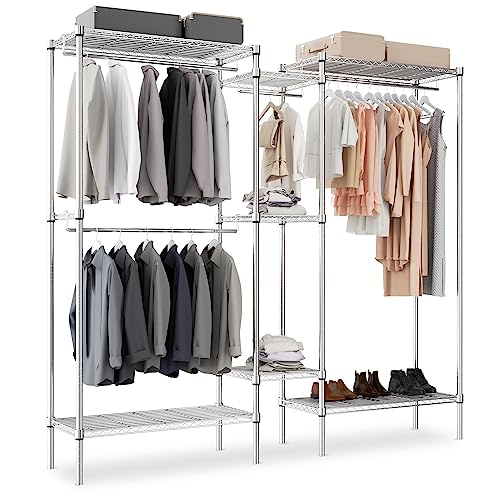 MoNiBloom Garment Rack with Shelves Portable Closet Wardrobe Heavy Duty, 77 Inch Wardrobe Closet for Hanging Clothes with 4 Hanging Rods, Expandable Clothes Storage Organizer for Extra Sturdy, Black