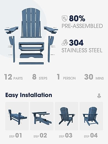 KINGYES Folding Adjustable Adirondack Chair with Retractable Ottoman Set of 4, HDPE All Weather Chair with Cup Holder, Wood-Like Reclining Adirondack Chair- Versatile Adirondack Chair, White