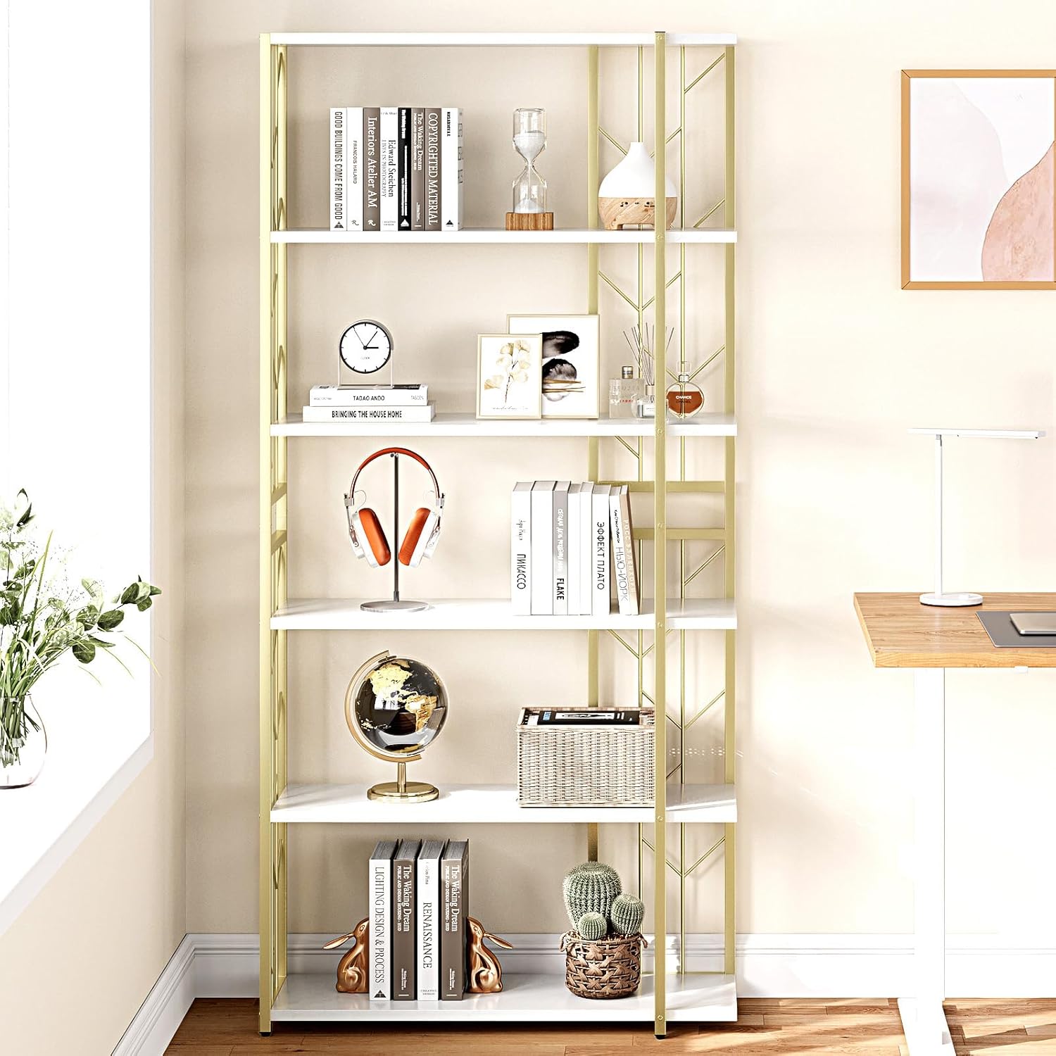 IDEALHOUSE Modern Bookcase Tall Standing Bookshelf 70.8 inch Storage Rack Shelf with Metal Frame Large Unique Display Racks Elegant Bookshelf for Bedroom, Living Room, Home Office, White/Gold