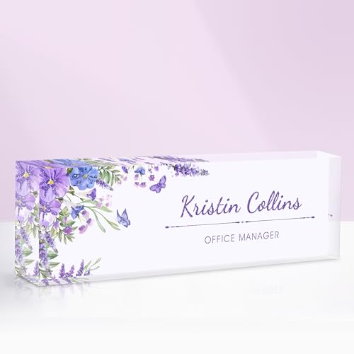 Custom Name Plate for Desk, Acrylic Office Decor For Women Men, Personalized Office Desk Accessories, Teacher Employee Appreciation Gifts For Social Worker Boss Coworkers (Purple Flower-1)