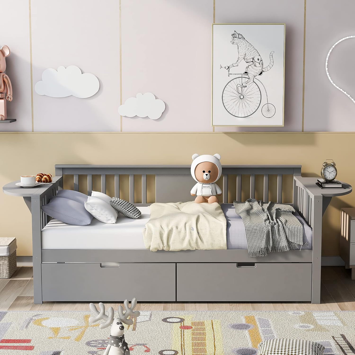 Bellemave Twin Size Daybed with 2 Storage Drawers,Wood Twin Daybed Frame with Foldable Table for Bedroom,Living Room,Guest Room(Twin,Gray)