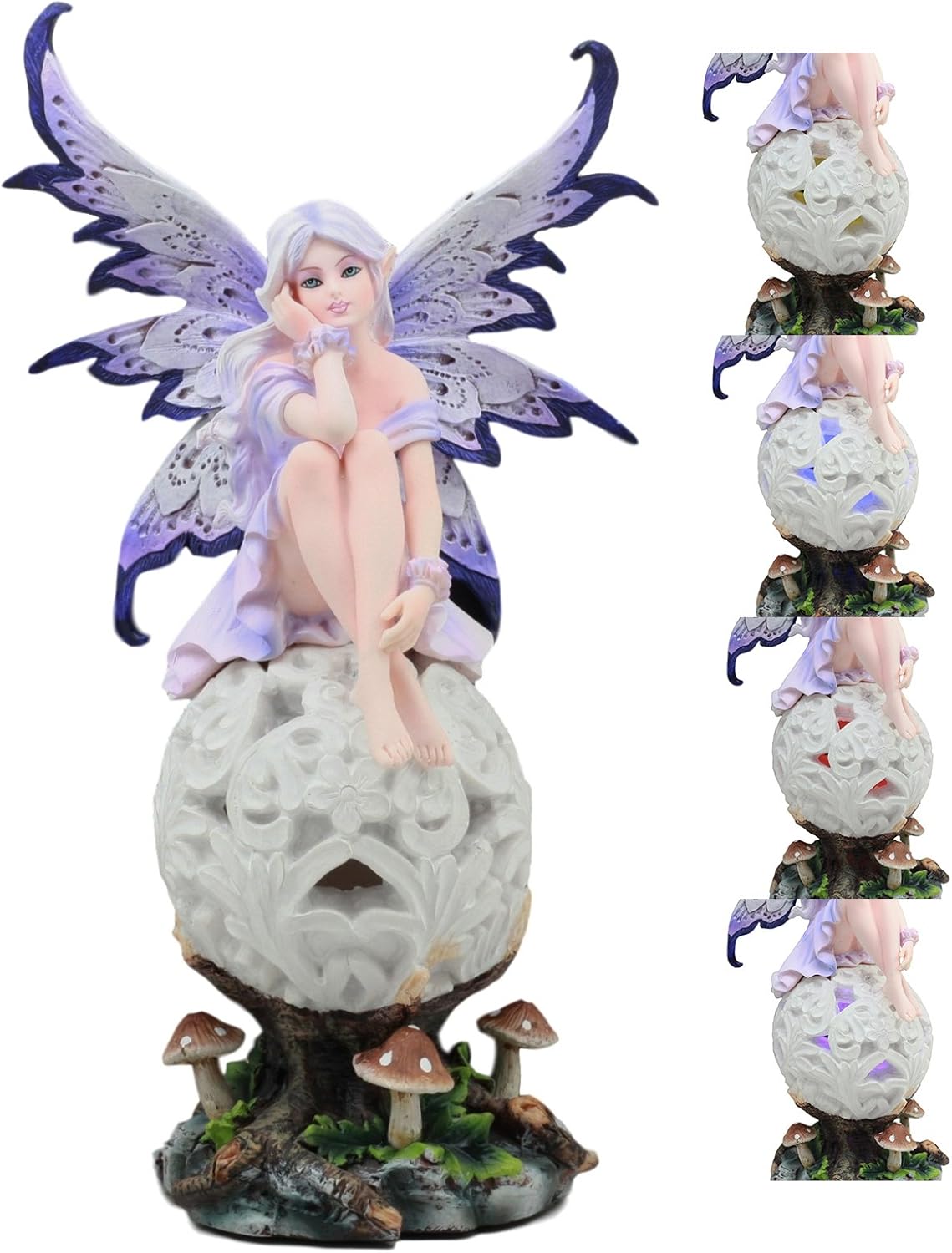 Ebros Beautiful Goddess Amethyst Fairy Sitting On LED Filigree Orb Ball Statue Lavender Fairy Night Light Multi Color LED Collector Sculpture