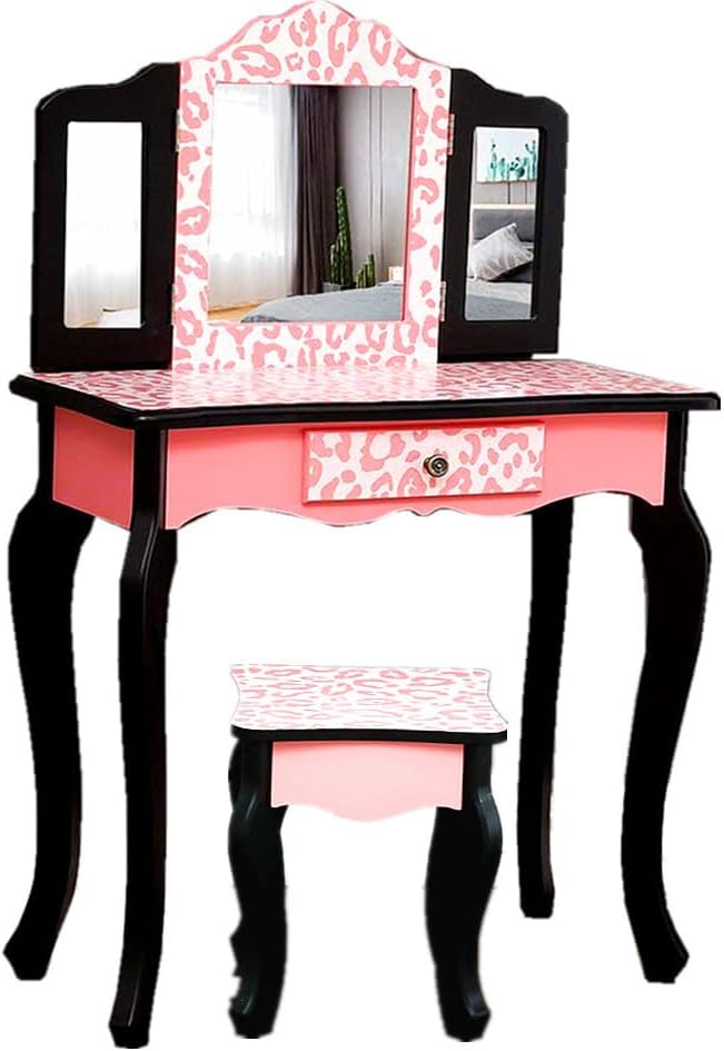 Kid Vanity Desk Set with Table and Chair, Wooden Play Small Makeup Vanity with Storage Drawer, Tri-Fold Mirror, Make Up Dressing Play for Fun Gift for Girls