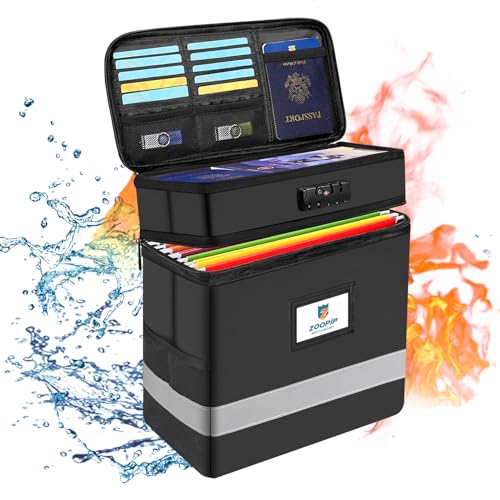 Fireproof File Box with Lock, 5200°F Document Box Storage Organizer, Suitable for Hanging File Folders in Letter Size, Collapsible Box, Reflective Strip for Fast Find (16.6*12.6*10.2, Black)