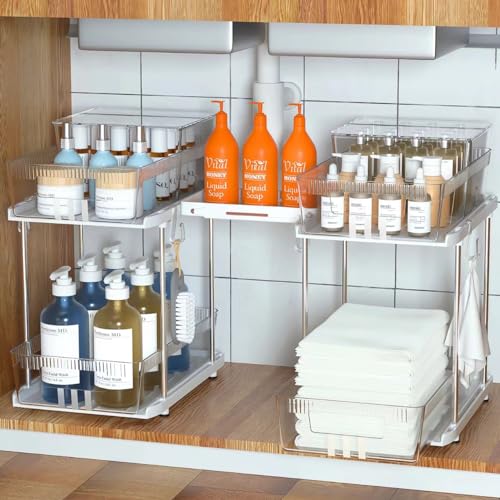 NIHEHAG 2 Tier Clear Under the Sink Organizer-Slide-Out Bathroom Cabinet Organizer With Hook/Cup/Dividers Acrylic Under Bathroom Sink Organizer and Storage for Medicine, Kitchen, Pantry, Cabinet