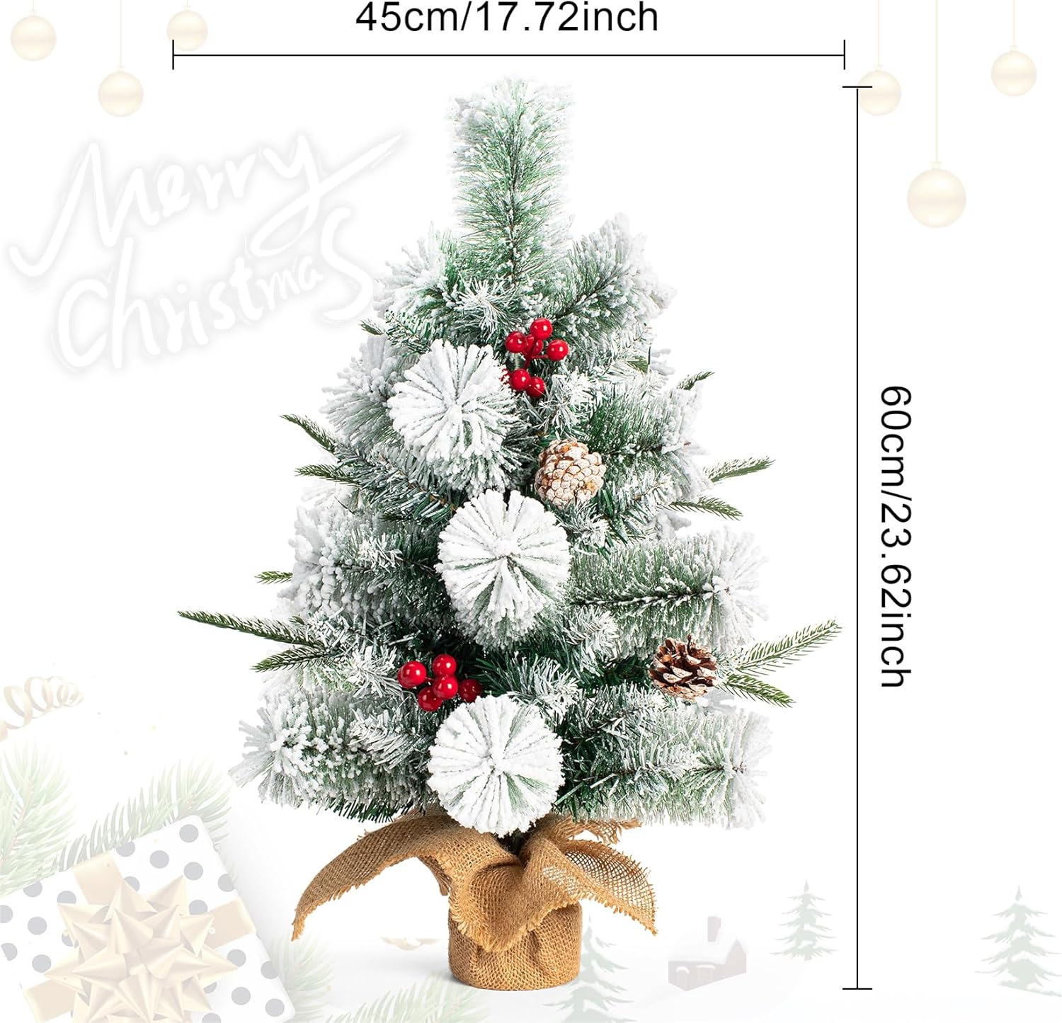 Small Christmas Tree Flocked Artificial Tree 24 inches with Pine Cones and red Berries, Suitable for Tabletop