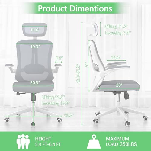 Office Chair Ergonomic desk chair with 350LBS Capacity, Comfort Mesh computer chair, High Back Gaming Chair with Wheels, Adjustable Headrest, Lumbar Support, Flip-up Armrest (White+Khaki)