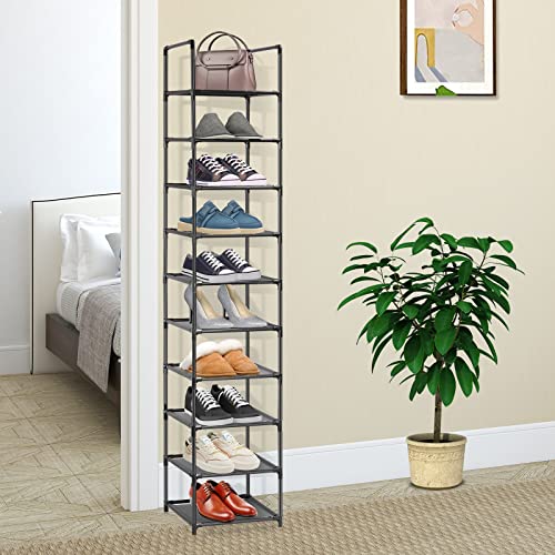 10 Tier Shoe Rack, Metal Shoe Shelf Storage, Tall Vertical Storage Organizer Stand, Home Shoe Tower with Non-Woven Fabric for Narrow Space, Cloakroom, Entryway, Grocery Room (Grey)