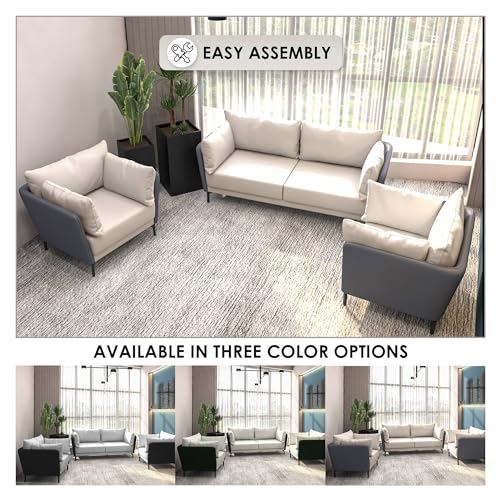 LeisureMod 3-Piece Sofa Set with a 3-Seater and 2 Single-Seater Armchair Upholstered in Leather with Removable Cushions Luxify Series in Grey