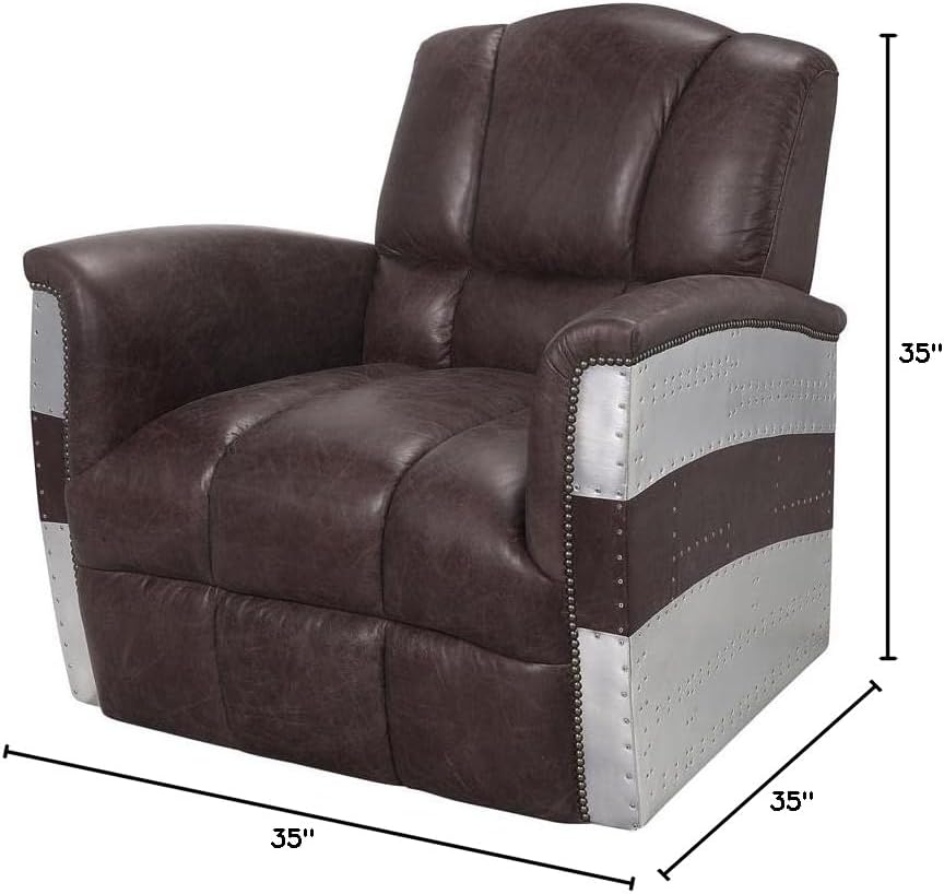 Acme Brancaster Top Grain Leather Accent Chair in Retro Brown and Aluminum