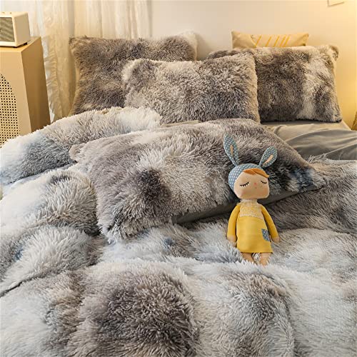 Shaggy Fluffy Duvet Cover Set Queen Size Super Soft Faux Fur Bedding Set 3 Pcs (1Duvet Cover + 2Pillowcases) Luxurious Plush Comforter Cover Set with Zipper Closure (Gray White Ombre)