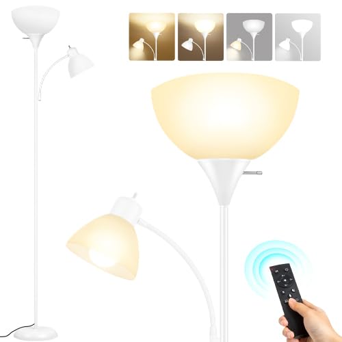 OUTON Dimmable Floor Lamp with Reading Lamp, Remote Control, 3 Color Temperatures, 2 x 9W Energy-Saving LED Bulbs, Modern Standing Tall Lamp for Living Rooms & Bedroom, Office (Silver Grey)