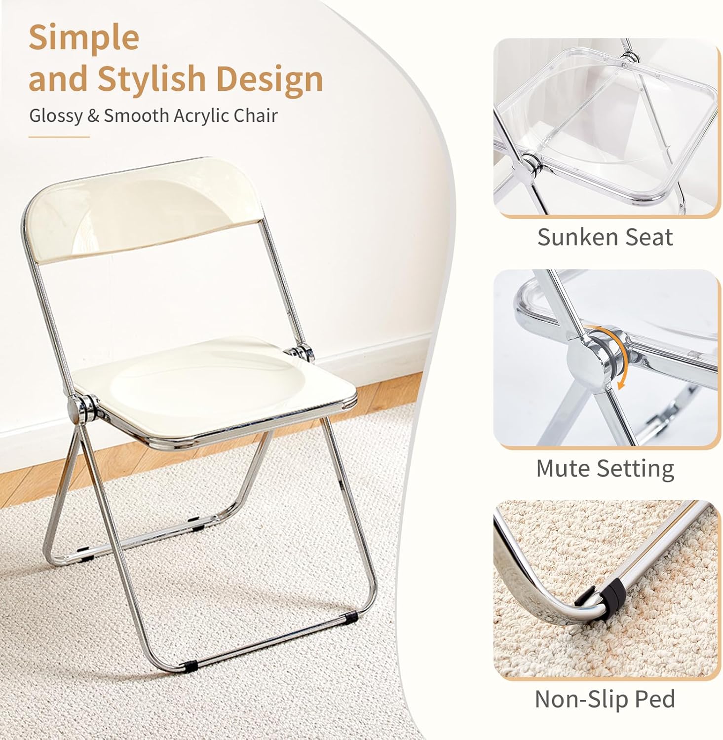 KAIHAOWIN Folding Chair and Table Acrylic Folding Desk and Chairs Set (White)