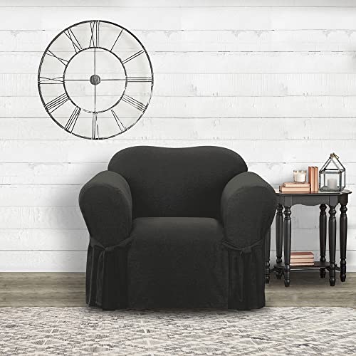 SureFit Farmhouse Basketweave Faux Linen Short Dining Chair Slipcover, Dining Chair with 6 Inch Skirt, Removable and Machine Washable, Charcoal