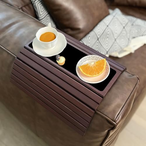 Sofa Arm Tray, Bamboo Couch Tray Sofa Tables for Wide Couches, Armchair Side Table, Couch Cup Holder for Food, Drinks, Snacks, Remote Control, Phone (2 Pack Black)