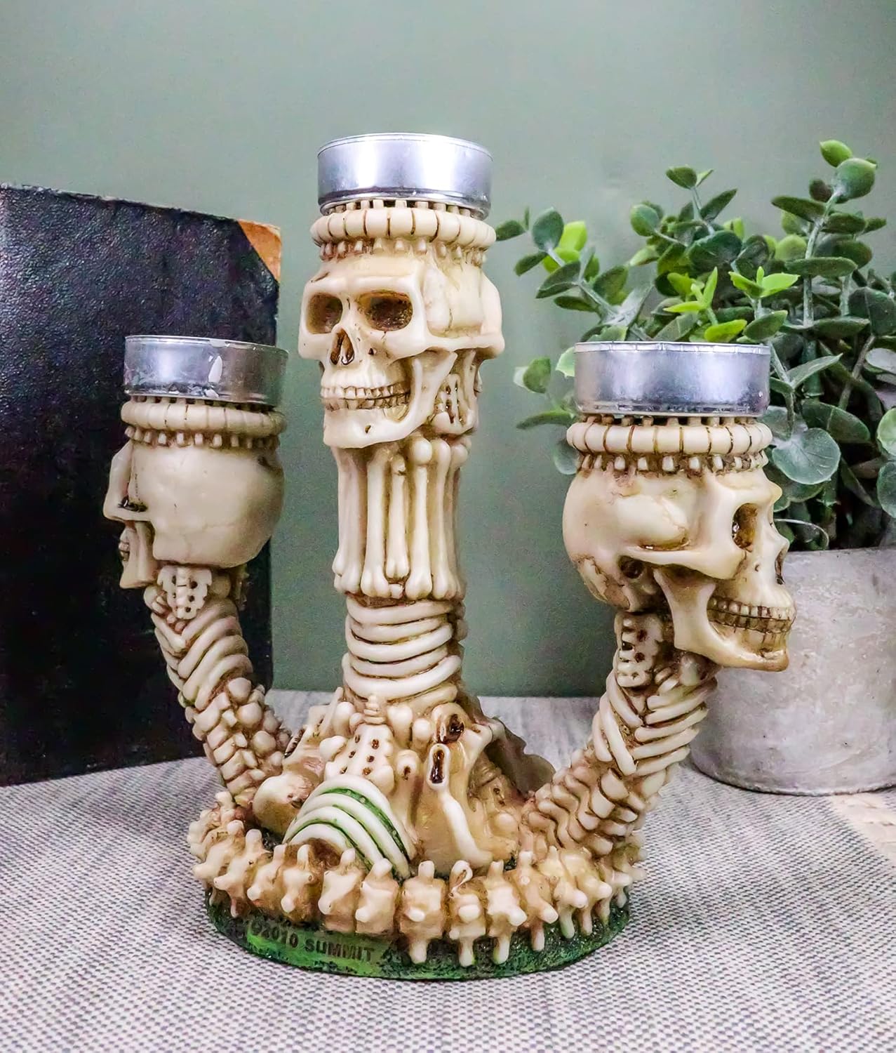 Ebros Gothic Trio Ossuary Graveyard Skulls and Skeleton Bones Candelabra Candle holder Statue Wicked Skeletal Altar Shrine Figurine