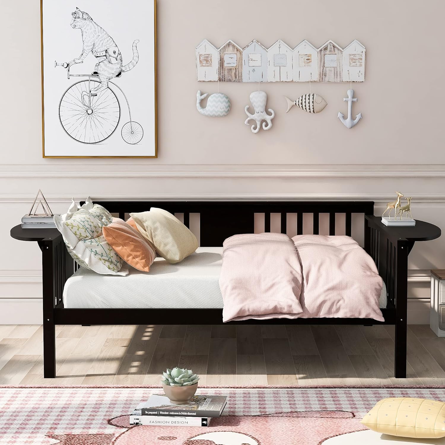 Bellemave Wood Full Size Daybed, Full Daybed Frame with Foldable Table and Wood Slat Support, Full Bed Frame for Bedroom, Living Room, Espresso