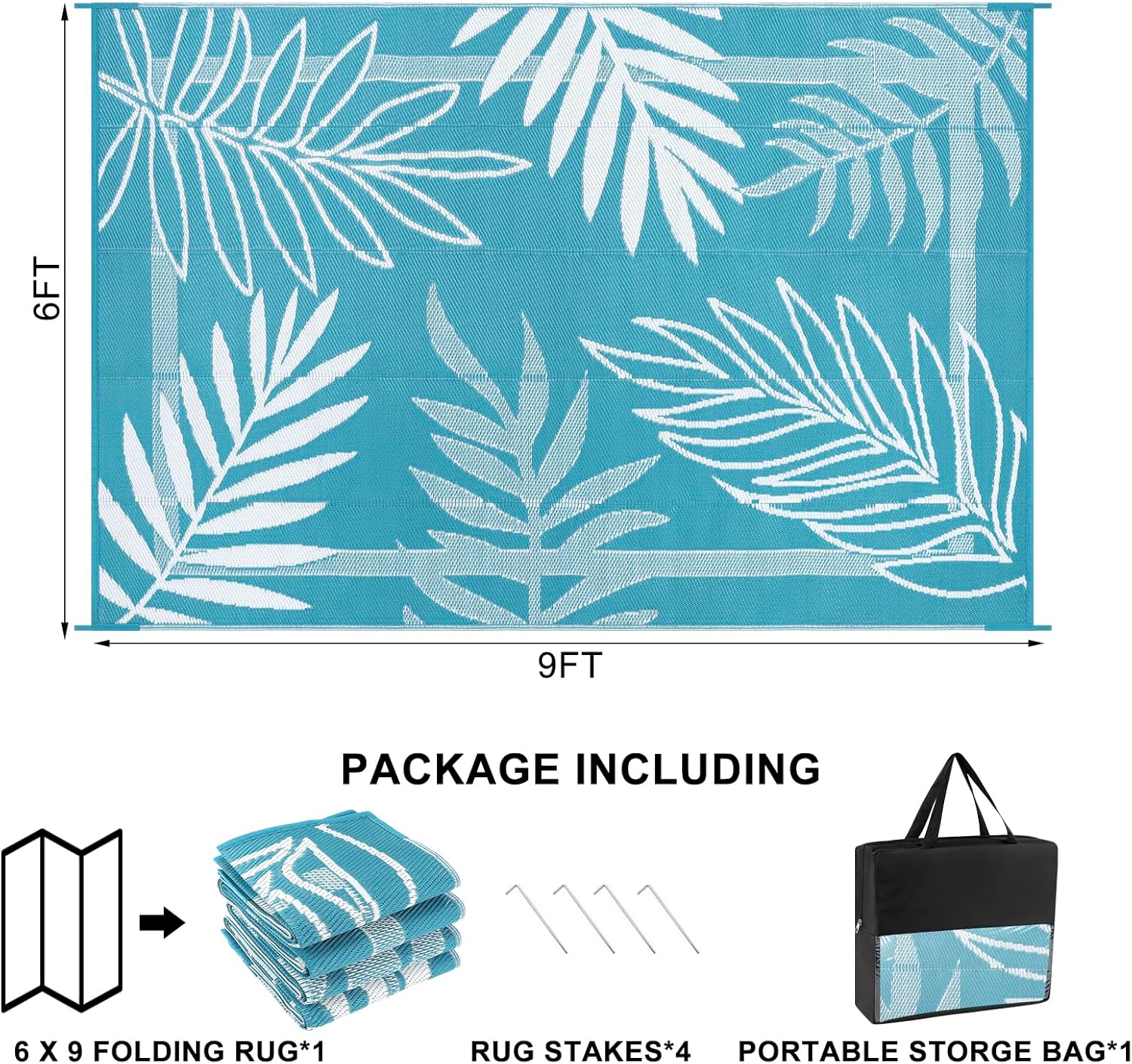 Vaukki Reversible Boho Rugs, Plastic Straw Outdoor Mat, Outdoor Patio Mat, Lightweight Mandala Area Carpet for Patio, Deck, Camping, Beach, Dining Room, Backyard and Picnic (White and Teal, 6'x9')