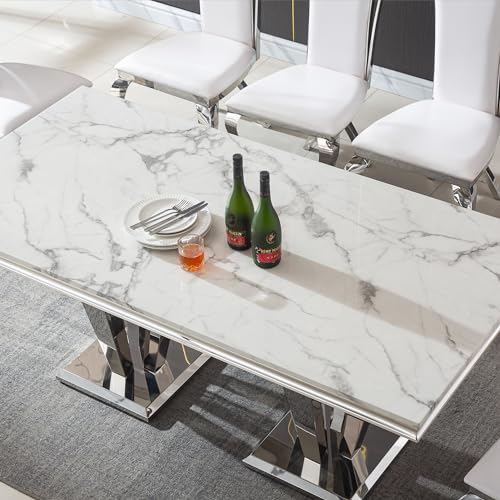 Goujxcy White Marble Dining Table Luxury Faux Marble Kitchen Table with Silver Mirrored Finish Stainless Steel Legs,70
