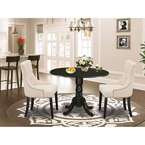 East West Furniture DLFR3-WHI-18 Kitchen Table Set - Parson Dining Room Chairs with Dark Coffee Linen Fabric Seat and Button Tufted Back - Solid Wood Drop Leaves Pedestal Dinner Table (White Finish)
