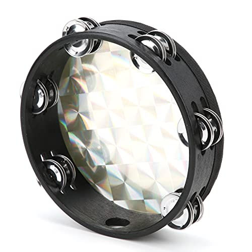 8 Inch Hand Tambourine, Double Row Jingles Reflective Drum Skin Percussion Instrument for Kids Adults(Golden)