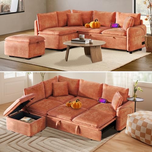 Antetek Sleeper Sectional Sofa Convertible L-Shaped Corner Couch Chenille Upholstered Modular Sofá Chaise Lounge Daybed with Pull Out Bed, Storage Ottoman, USB Port, Power Sockets, 2 Pillows