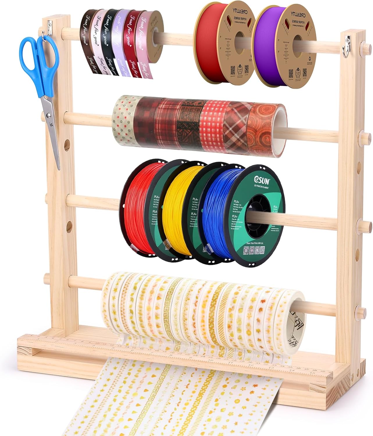 Ribbon Storage Organizer Rack 4 Tier Adjustable Wooden Ribbon Holder Spool Holder Organizer Rack Spool for Sewing Craft Mesh Thread Tape Wreath Crochet Roll Washi Tape Craft Gift Florist Wrapping