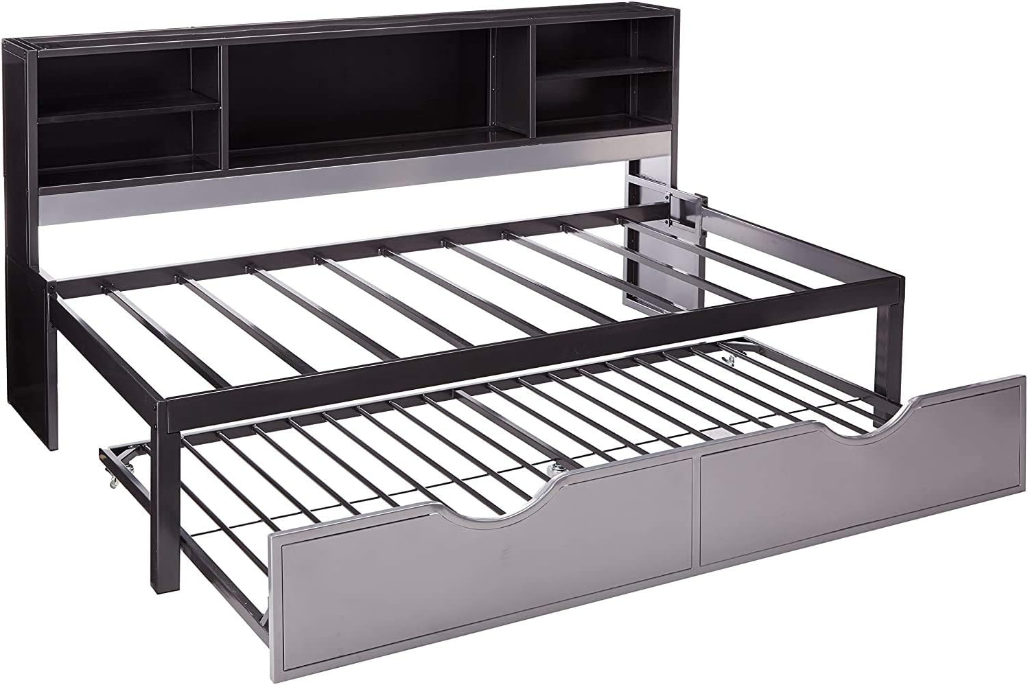 BOWERY HILL Metal Frame Twin Bed with Trundle in Black and Silver Including Bookcase