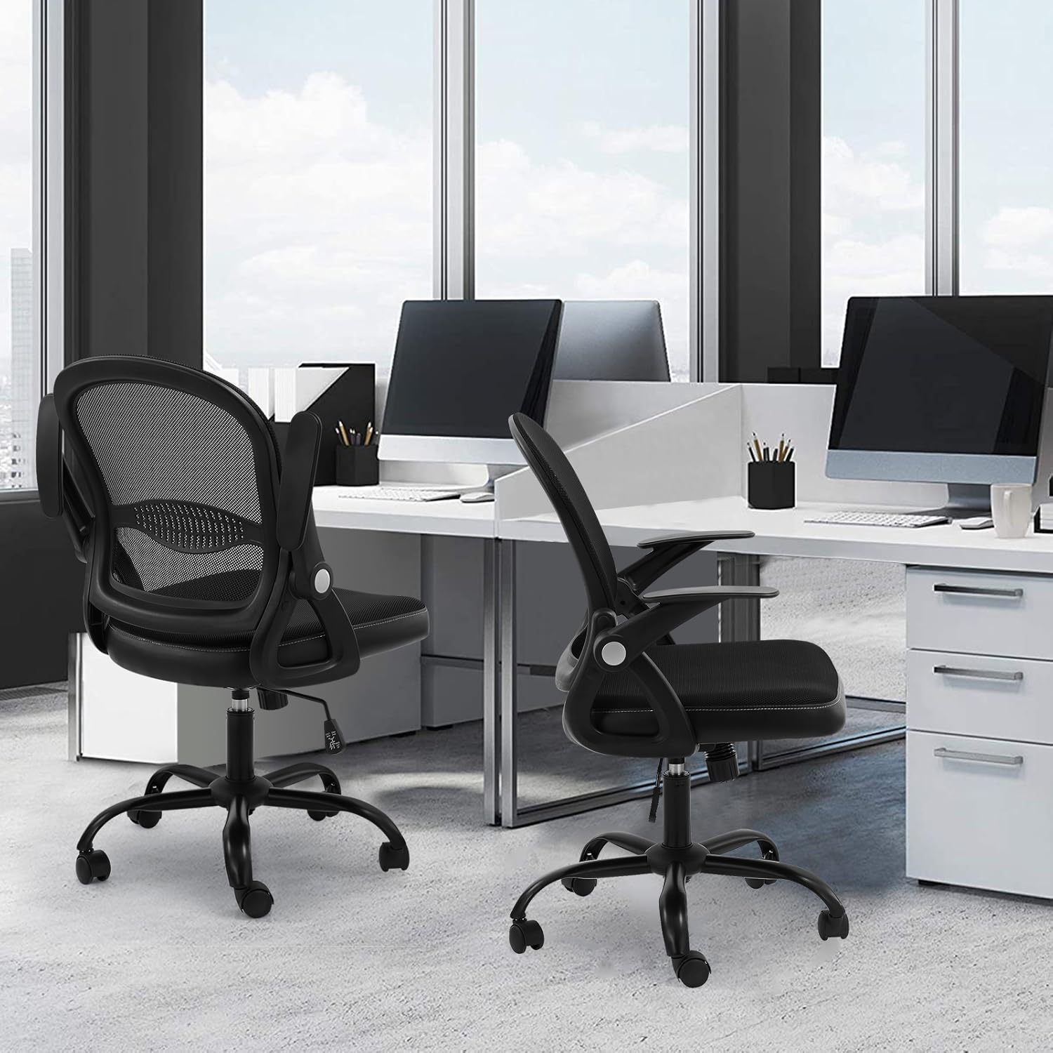 【2021 Upgraded】 Office Desk Chair, Ergonomic Mid Back Mesh Computer Chair, Task Chairs with Flip Up Arms Lumbar Support and Adjustable Height, Swivel Tilt Function Home Chair (Black)