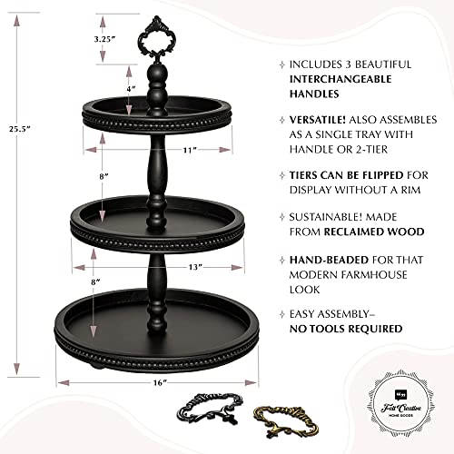 2 Tiered Tray Wooden Serving Stand by Felt Creative Home Goods. Small Beaded Tray for Home Decor Display Farmhouse Country Decoration Kitchen or Dining. Includes 3 Finial Custom Handles (Brown)