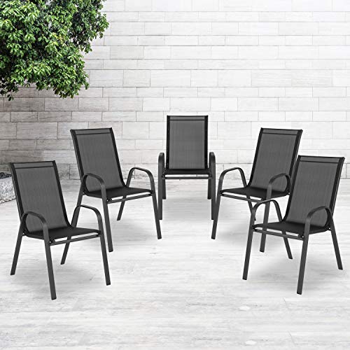 EMMA + OLIVER 5 Pack Brown Outdoor Stack Chair with Flex Comfort Material and Metal Frame