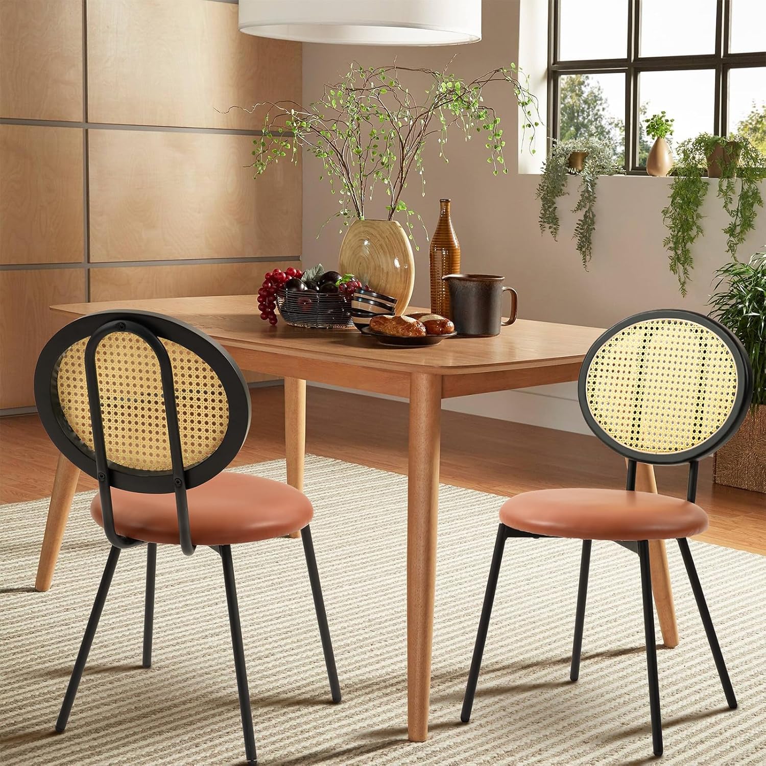 Dining Chairs Set of 2, Mid Century Modern Dining Chairs with Rattan Backrest and PU-Leather Cushion Seat for Living Room, Bedroom, Patio, Restaurant, Café, Kitchen Chairs (Brown)
