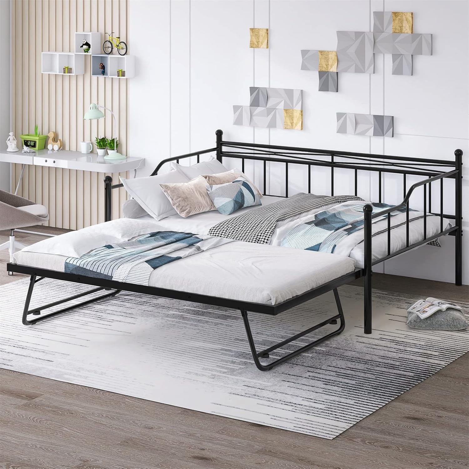 Bellemave Full Size Daybed with Trundle Heavy-Duty Metal Day Bed Frame Twin Adjustable Beds for Living Room Bedroom, Black