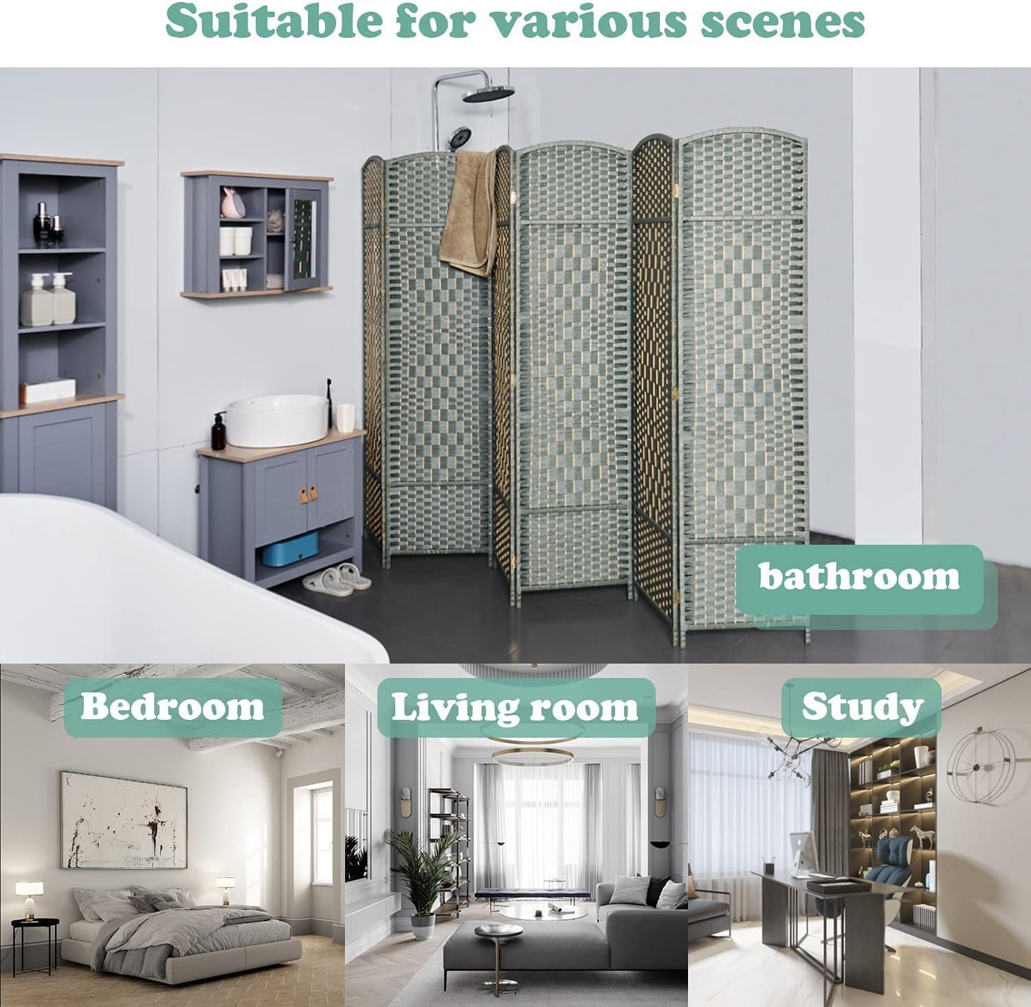 Excited Wrok Room dividers 6 ft. Tall Folding Privacy Screen, 6 Panel Tall Extra Wide Partition Foldable Panel Wall Divider, Folding Privacy Screens (Gray)