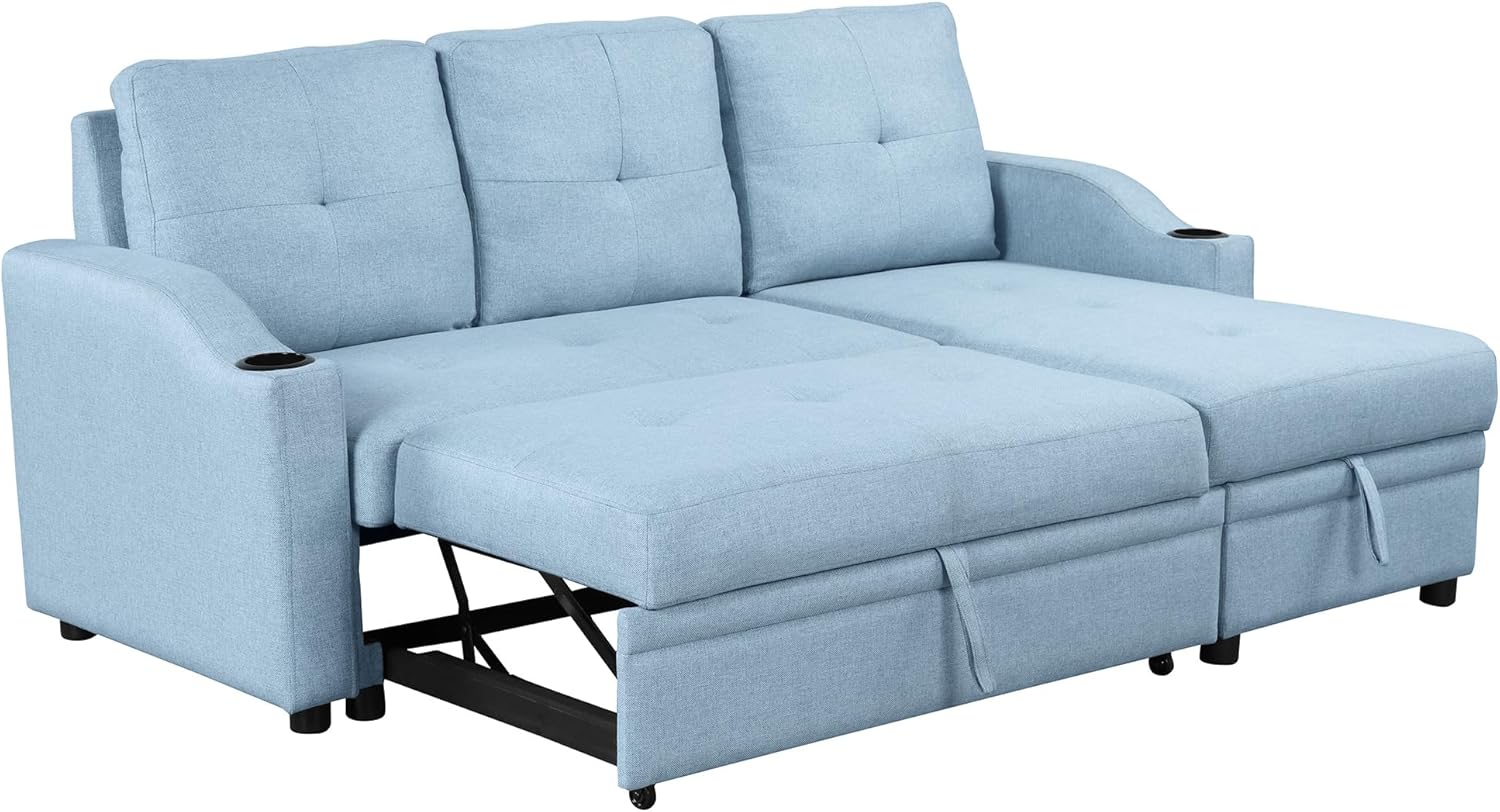 80.3'' L-Shape Convertible Sleeper Sectional Sofa with Storage Chaise and Pull-Out Bed, Linen Upholstered Reversible Corner Couch w/Tufted Cushions &Cup Holder, for Living Room Office Apartment