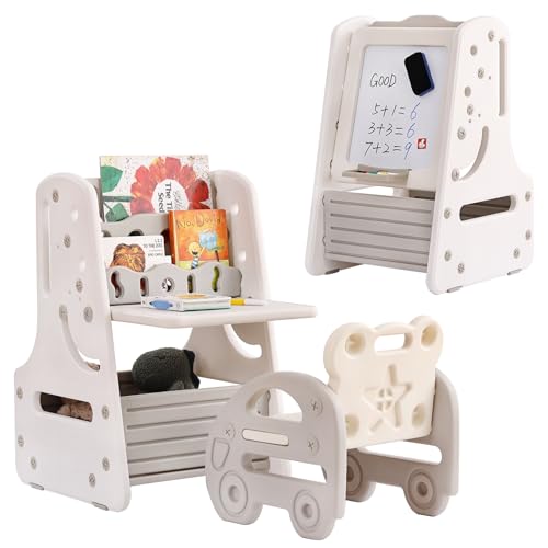 Tiita Kids Table and Chair Set, 3 in 1 Convertible Art Easel & Display Bookshelf w/Magnetic Painting Board, Bottom Storage Shelf, Standing Easel with Chairs, Grey