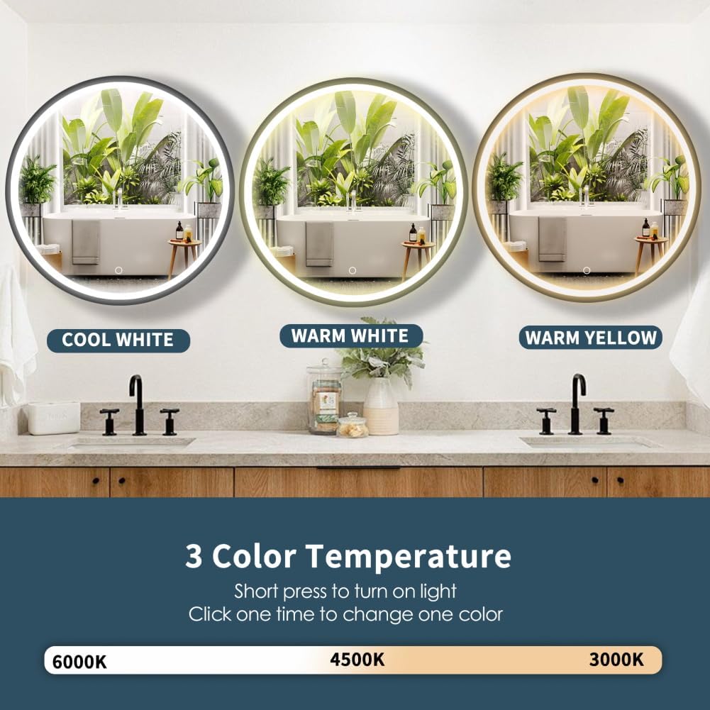 Movo 24 Inch Led Round Medicine Cabinet, Anti-fog Bathroom Medicine Cabinet with Light, 3 Color Wall Mounted Storage Cabinet Mirror, Smart Touch Switch