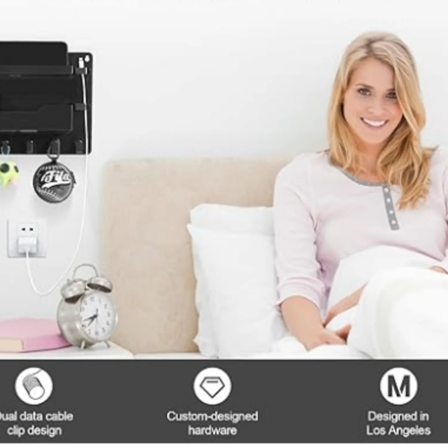 Wall Mount Shelf Organizer, Adhesive Bedside Shelf Accessories with Hooks and Cable Clips, Dorm Room Wall Storage for Phone, Remote, Earphone,  Plastic(Black)