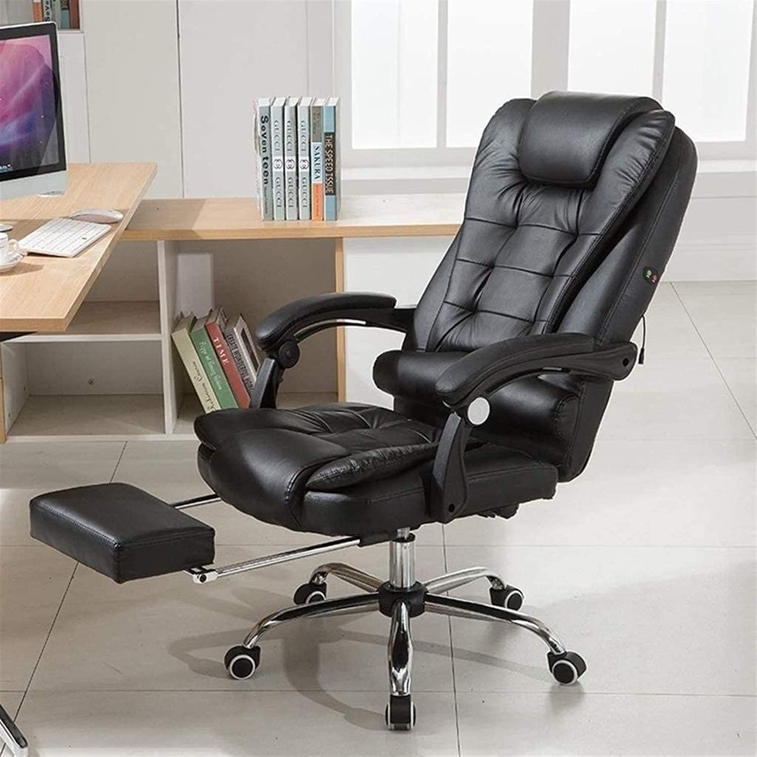 Leather Boss Chair Computer Desk Chair, Ergonomic High Back Cushion Lumbar Support with Wheels Comfortable Black Leather Racing Seat Adjustable Swivel Rolling Home Executive