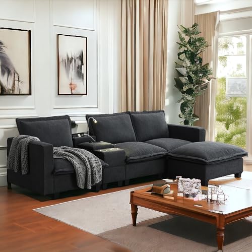 Modern Cloud Shape Sectional Sofa with Console,USB Charging Port,Reading Light,Cup Holder,4 Seat Chenille Modular Couch for Living Room,Apartment,2 Color (sectional Sofas - Grey)