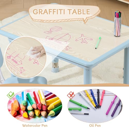 Todder Table and Chairs, 31.5''L x 23.6''W Sturdy kids Activity table with Stainless Steel Legs, Kids Table and 2 Chairs with Anti-Slip Foot Covers, Graffiti Desktop