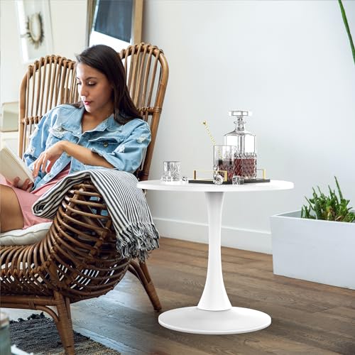 Mid-Century Round Coffee Table, Tulip Center Table Livingroom Table, Sofa Console Table Pedestal Tables Metal Table Sofa Table, White, 31.5 