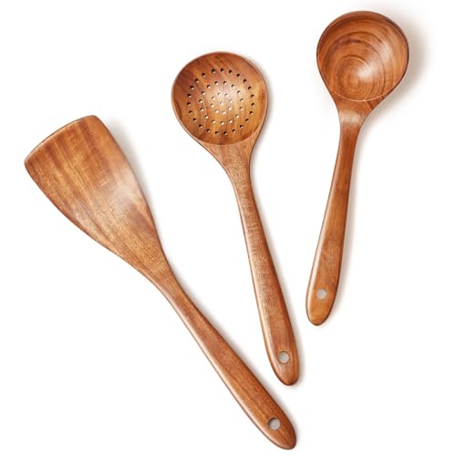 Wooden Spoons for Cooking,Teak Wood Kitchen Utensils Set – 3 Pcs Wooden Cooking Utensils for Nonstick Pans & Cookware – Sturdy, Lightweight & Heat Resistant