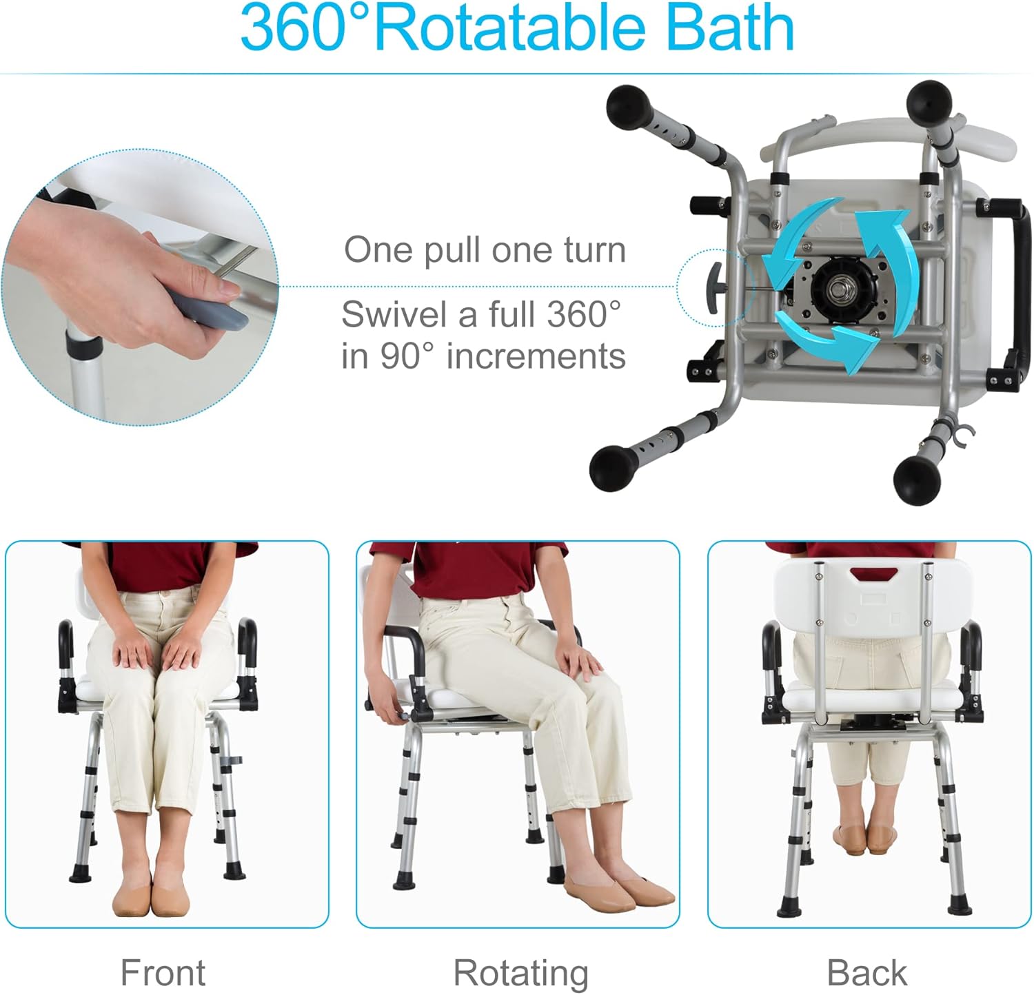 REAQER Swivel Shower Chair 360° Pivoting Bathtub Seat with Arms and Back Narrow Bath Bench for Seniors,Elderly,Disabled and Pregnant Women Adjustable Bath Chair
