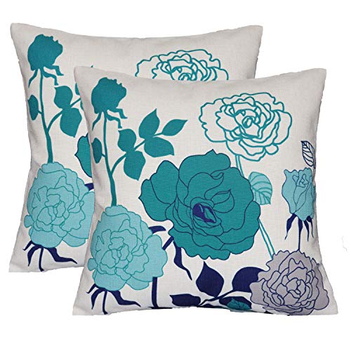 sykting Farmhouse Outdoor Throw Pillow Covers Cotton Canvas Teal and Green Pillow Covers 18x18 inch Decorative for Couch Sofa Patio Porch Flowers Pattern Pack of 2