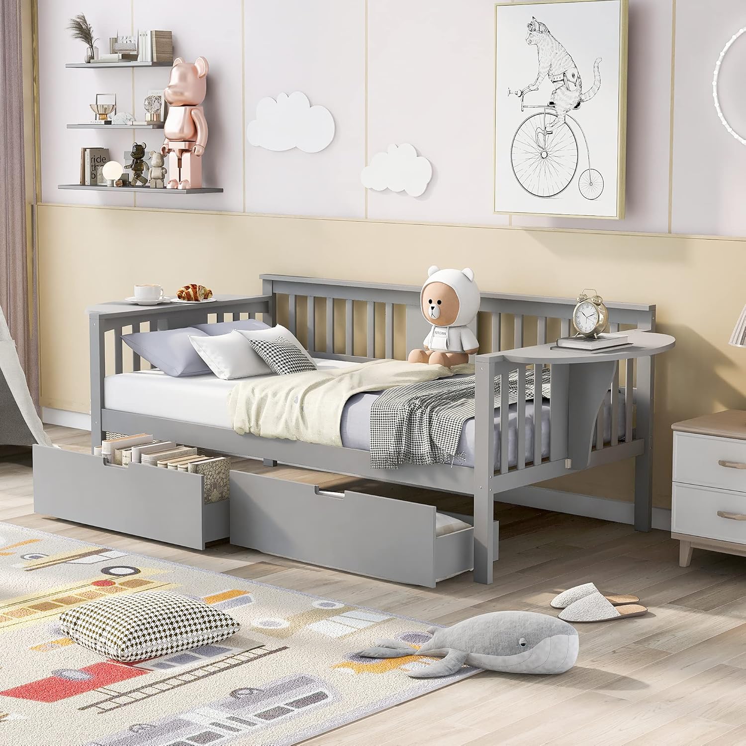 Bellemave Twin Size Daybed with 2 Storage Drawers,Wood Twin Daybed Frame with Foldable Table for Bedroom,Living Room,Guest Room(Twin,Gray)