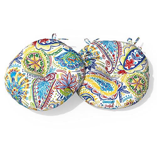 Outdoor Bistro Chair Cushion with Ties, Tufted Patio Chair Cushions Set of 2, Round Seat Cushion 15”x15”x4” for Home Garden Balcony Office Porch Lawn Deck, Flower Multi