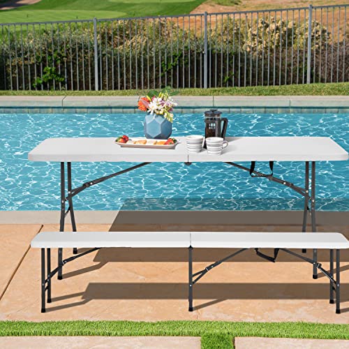 FDW Folding Bench 6FT Plastic Portable Bench Outdoor Bench Garden Bench with Carrying Handle for Picnic Camping Dining Party (2)